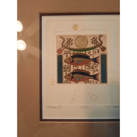 Jan Fleck "PISCES" Artist's‎ Proof 42/150, Hand-Painted Egyptian Etching, Signed - Picture 2 of 15